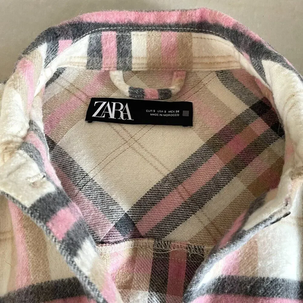 Zara Pink, Beige Plaid Check Overshirt Jacket / Shacket, Oversized 90s Grunge, S
